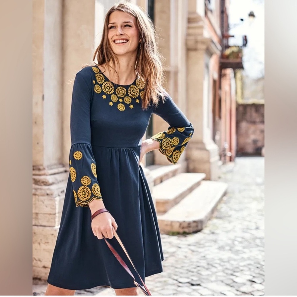 Boden Navy Dress with Yellow Embroidered Accents